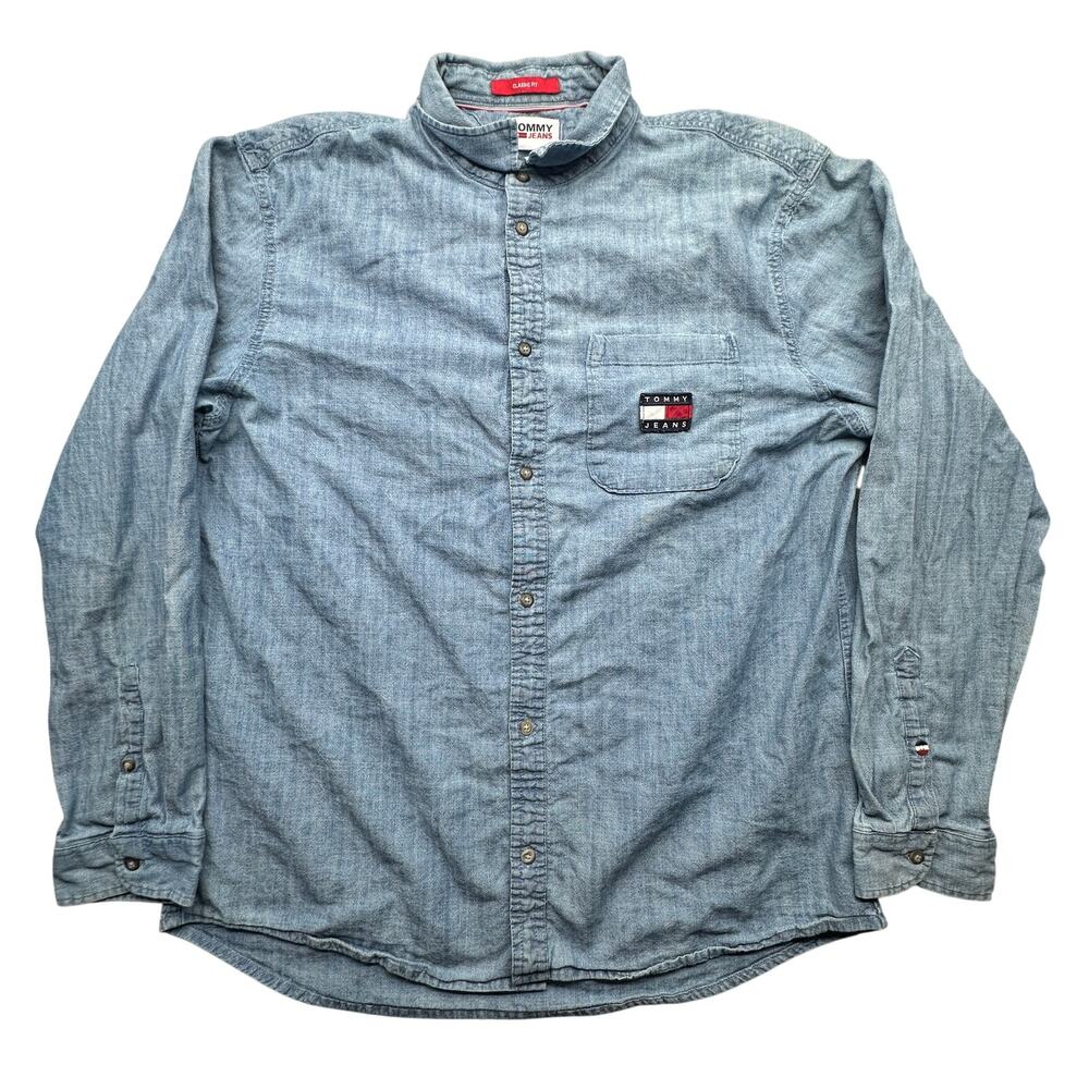 Tommy Jeans Hilfiger Denim Long Sleeve Shirt Mens XL Flag Pocket Button Up